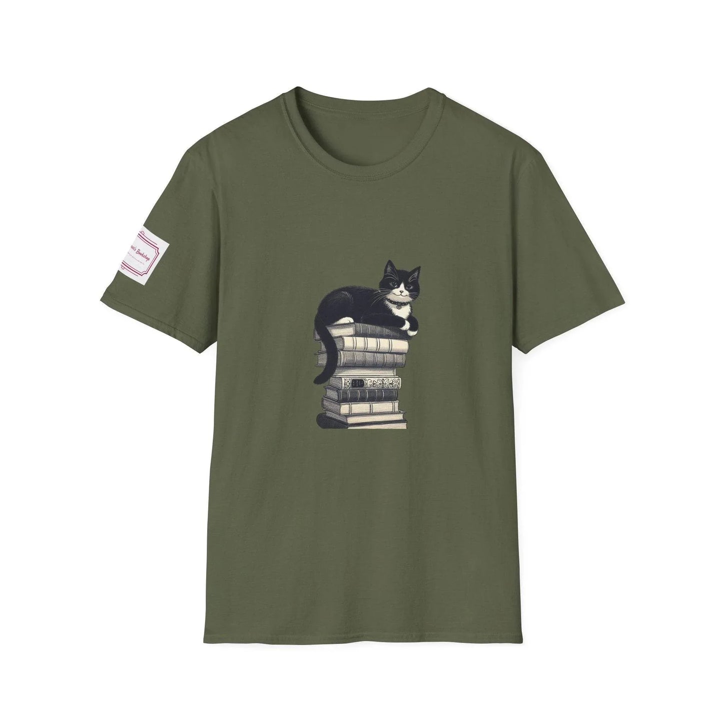 Unisex Softstyle T-Shirt - Vintage Cat Book Stack Bookaddict - The Dreamer's Bookshop.
