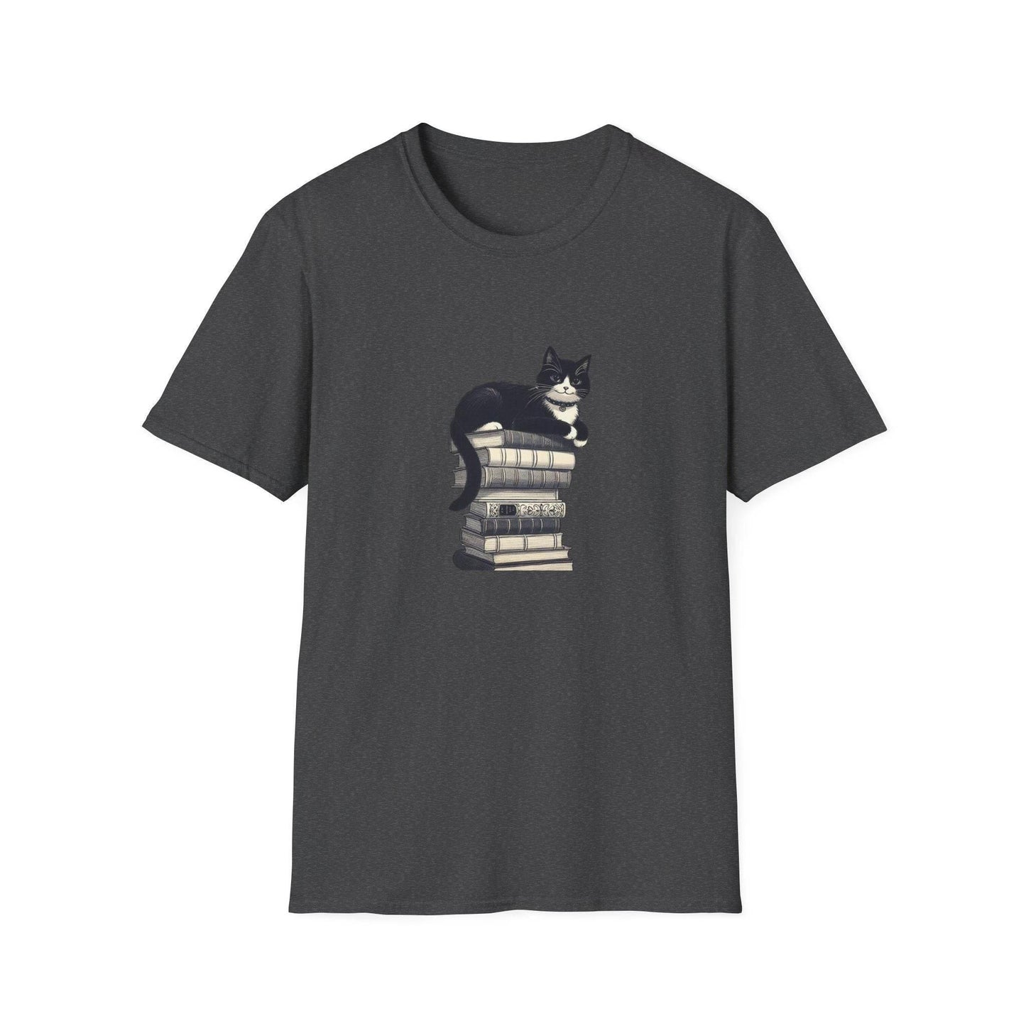 Unisex Softstyle T-Shirt - Vintage Cat Book Stack Booklover - The Dreamer's Bookshop.