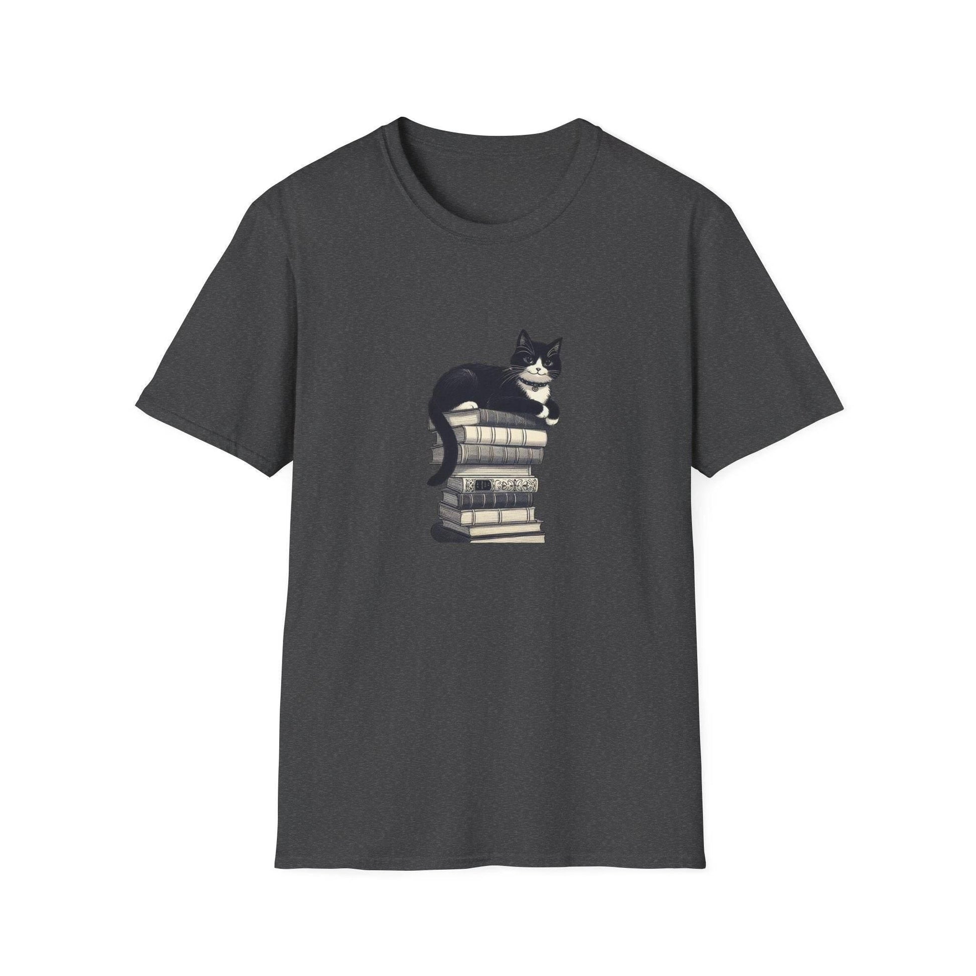 Unisex Softstyle T-Shirt - Vintage Cat Book Stack Booklover - The Dreamer's Bookshop.
