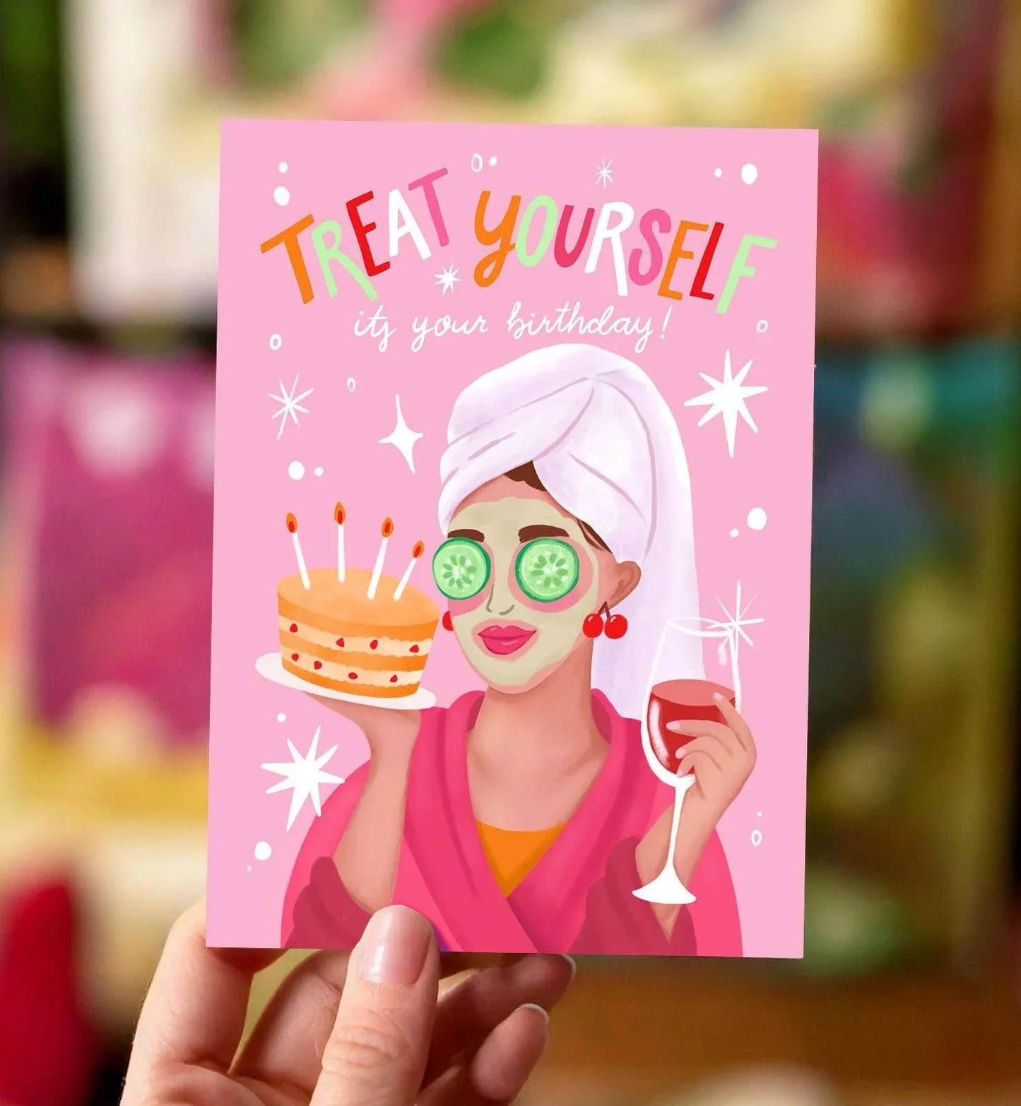 Aniet Illustration - Kaart verjaardag vrouw met taart en wijn verwen jezelf roze - The Dreamer's Bookshop.