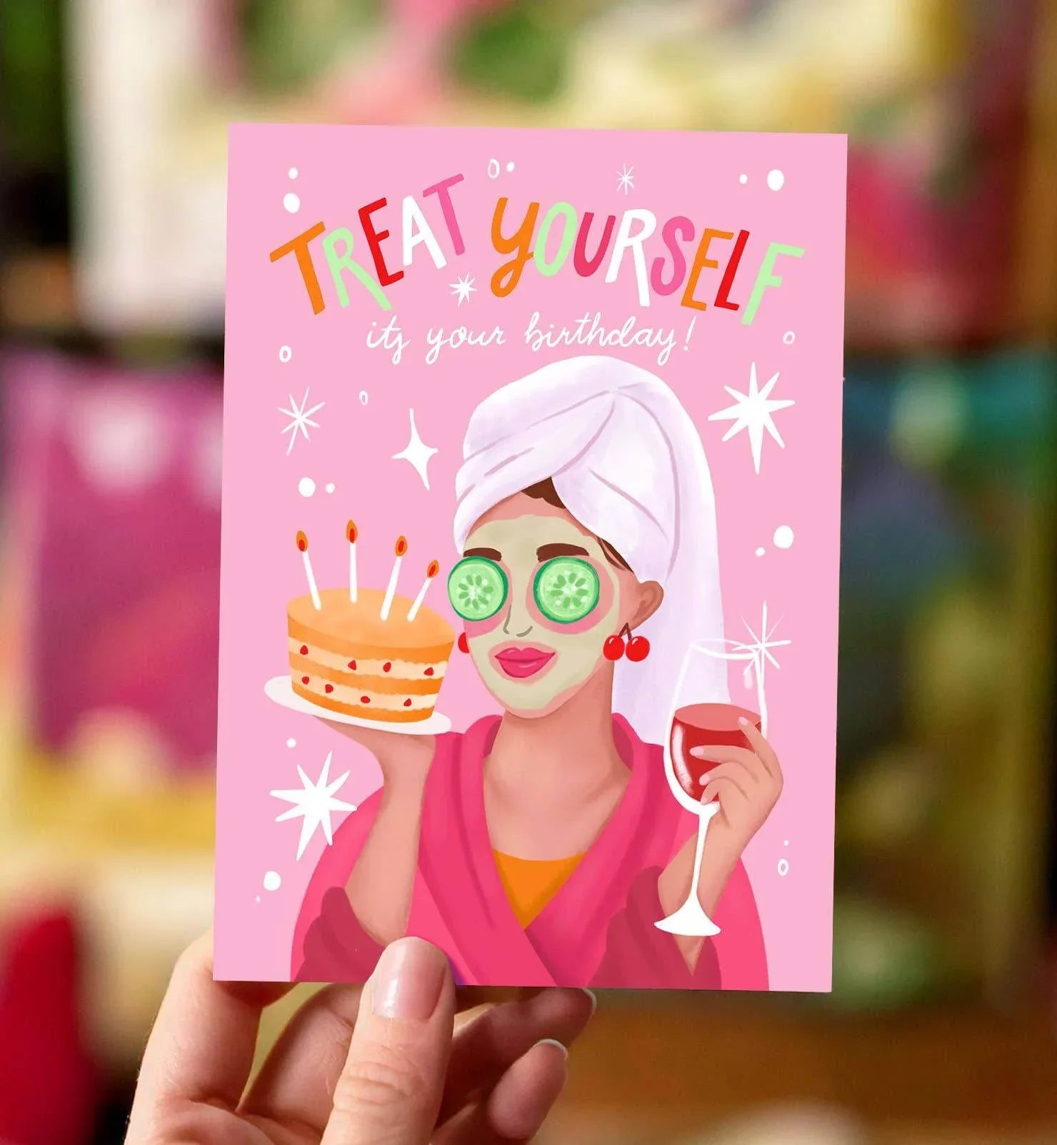 Aniet Illustration - Kaart verjaardag vrouw met taart en wijn verwen jezelf roze - The Dreamer's Bookshop.
