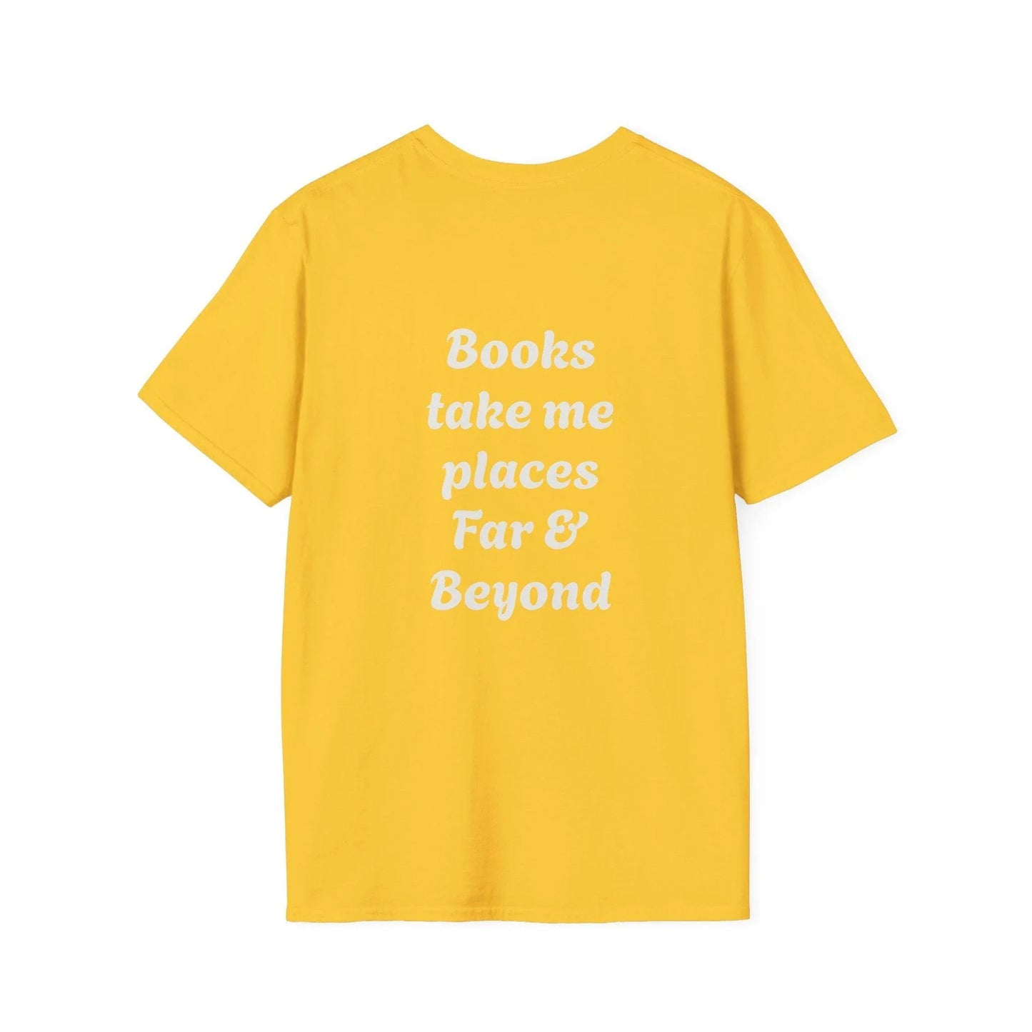 Unisex Softstyle T-Shirt - 'I'm a Traveller of Worlds' & 'Books Take Me Places Far & Beyond' - The Dreamer's Bookshop.