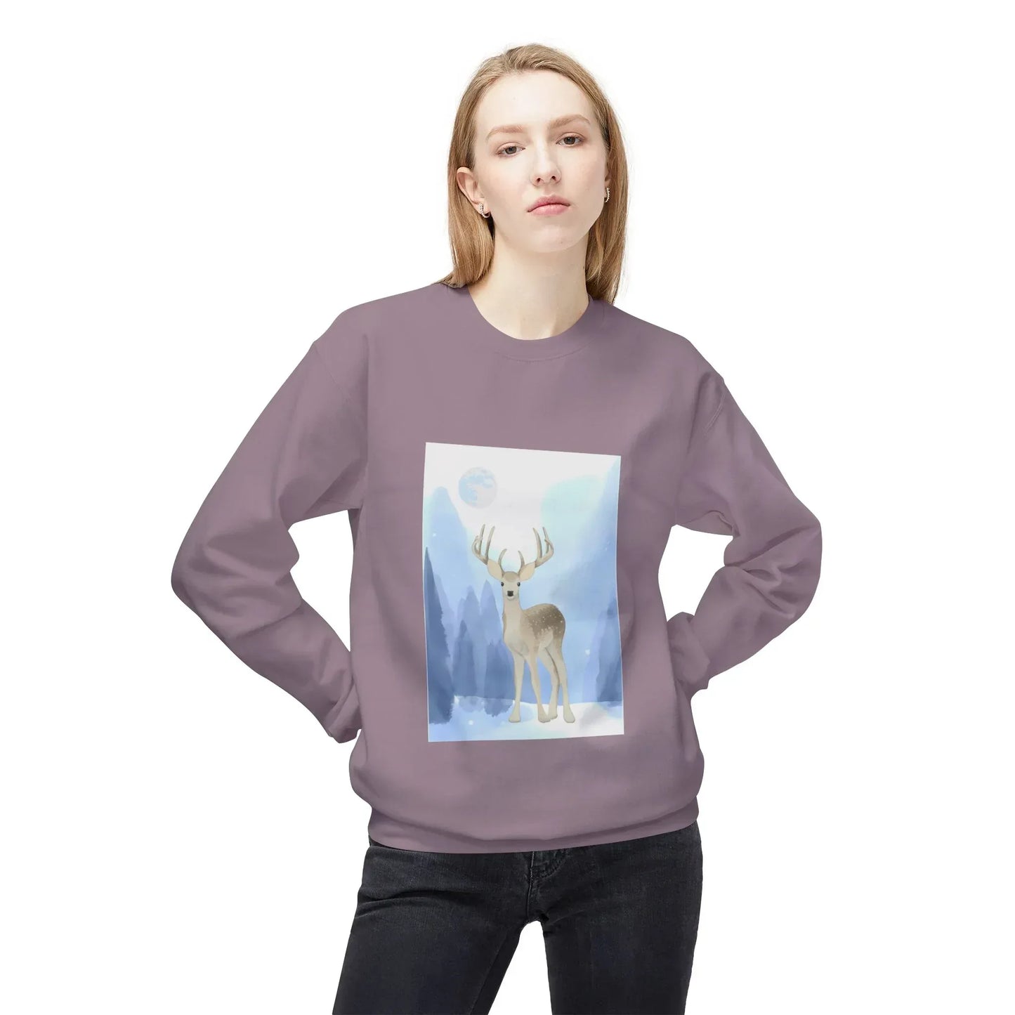 Winter Deer Fleece Crewneck Sweatshirt - Unisex Midweight - The Dreamer's Bookshop.