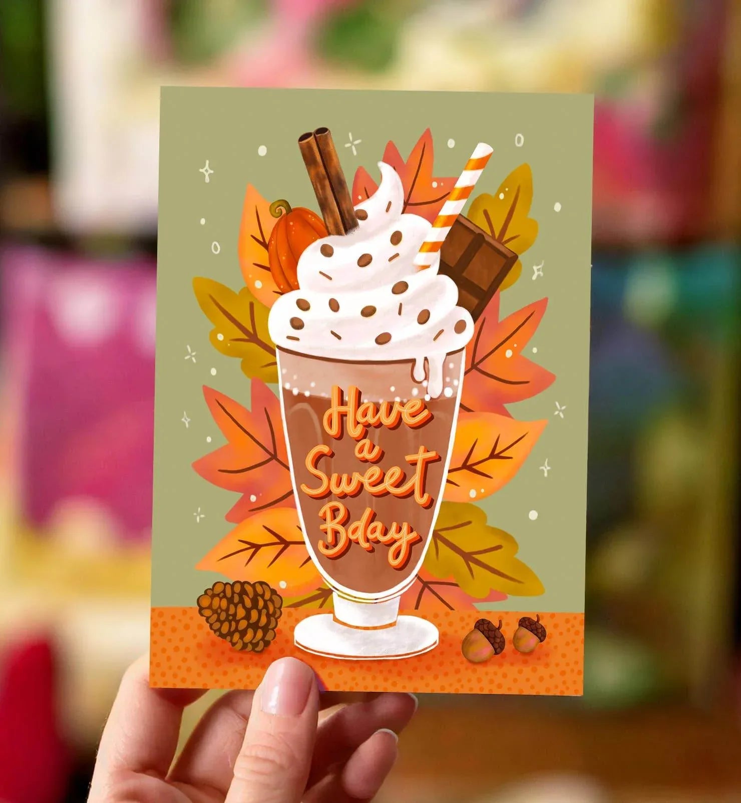 Aniet Illustration - Kaart verjaardag felicitatie chocolademelk herfst bladeren - The Dreamer's Bookshop.
