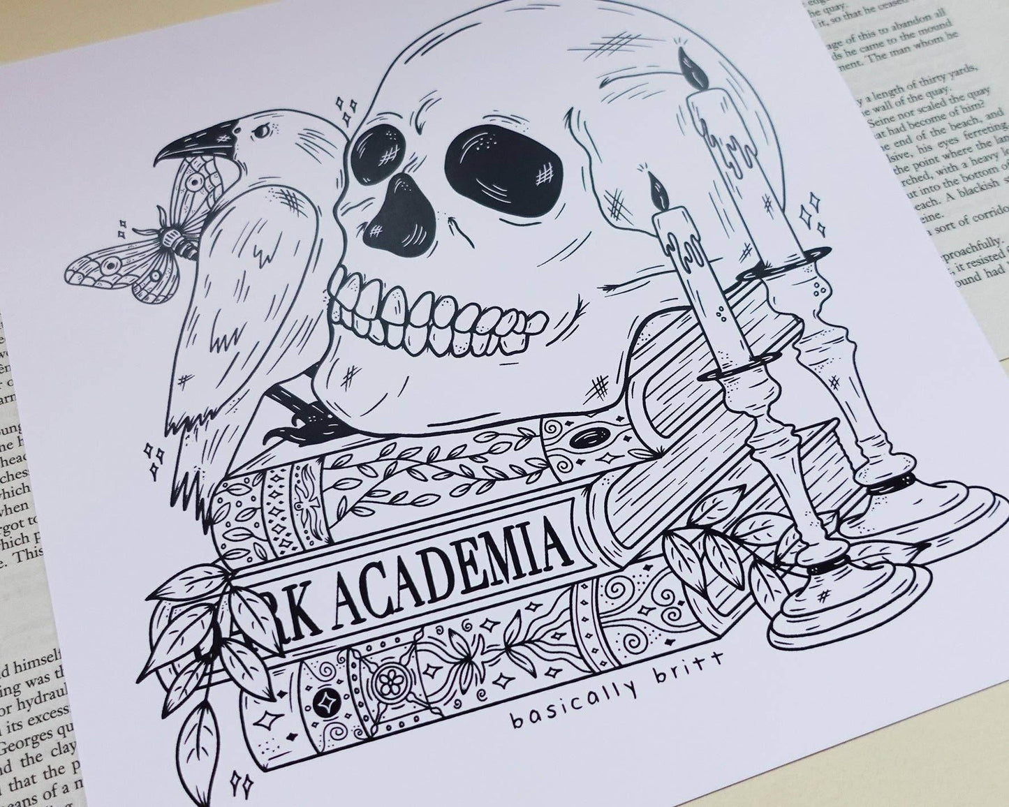 Basically Britt - Dark Academia Print with a skull on a stack of books - The Dreamer's Bookshop.