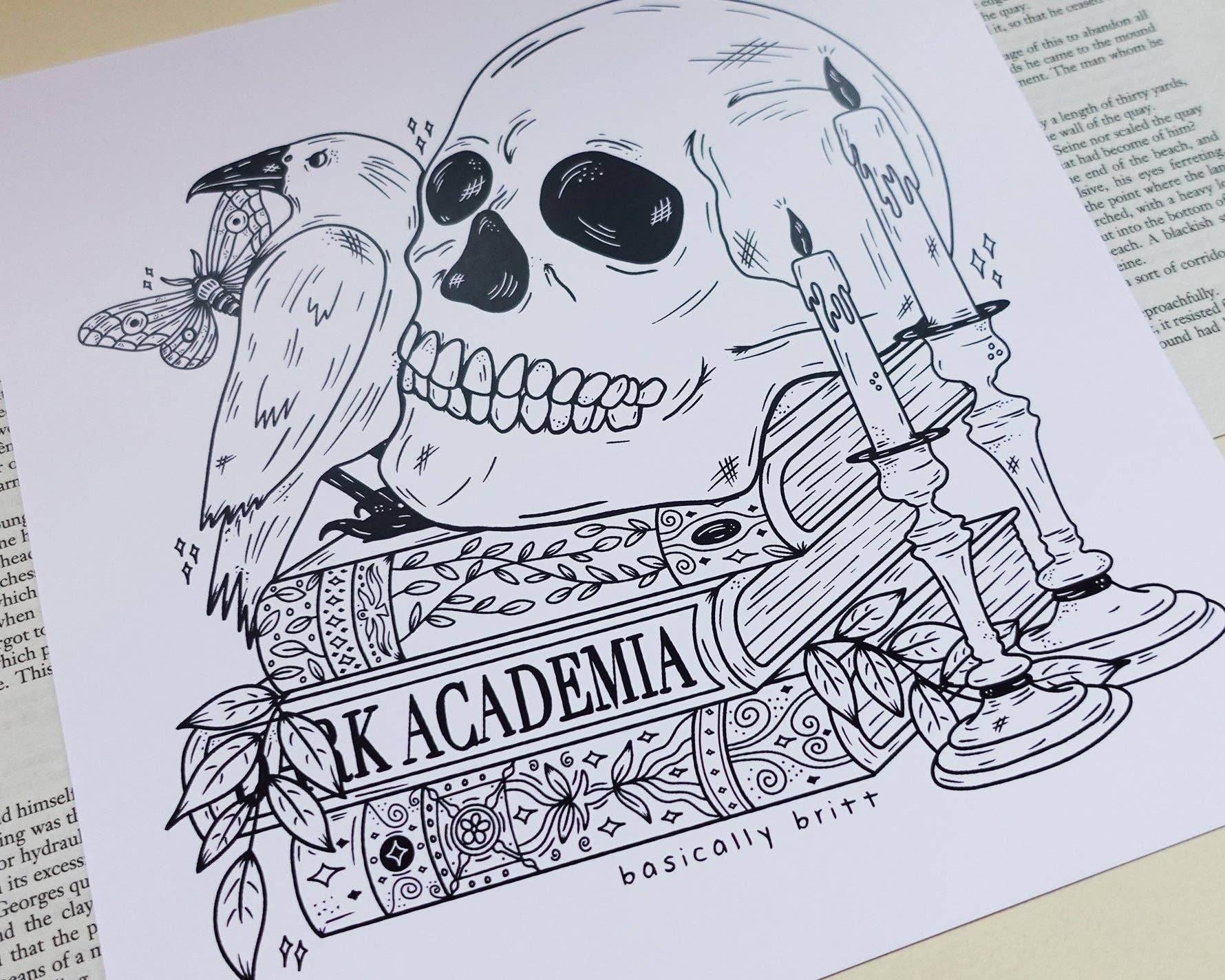 Basically Britt - Dark Academia Print with a skull on a stack of books - The Dreamer's Bookshop.