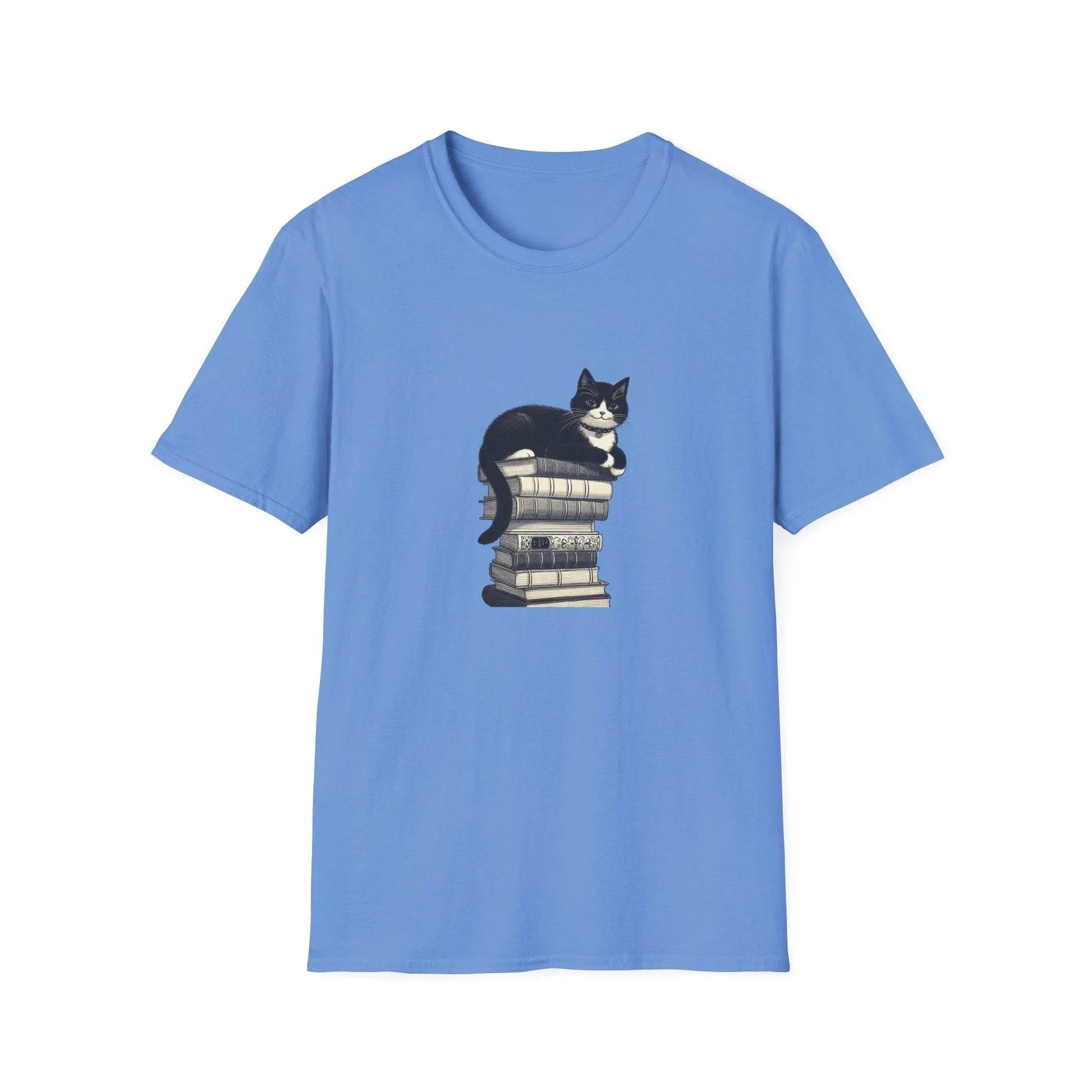 Unisex Softstyle T-Shirt - Vintage Cat Book Stack Booklover - The Dreamer's Bookshop.