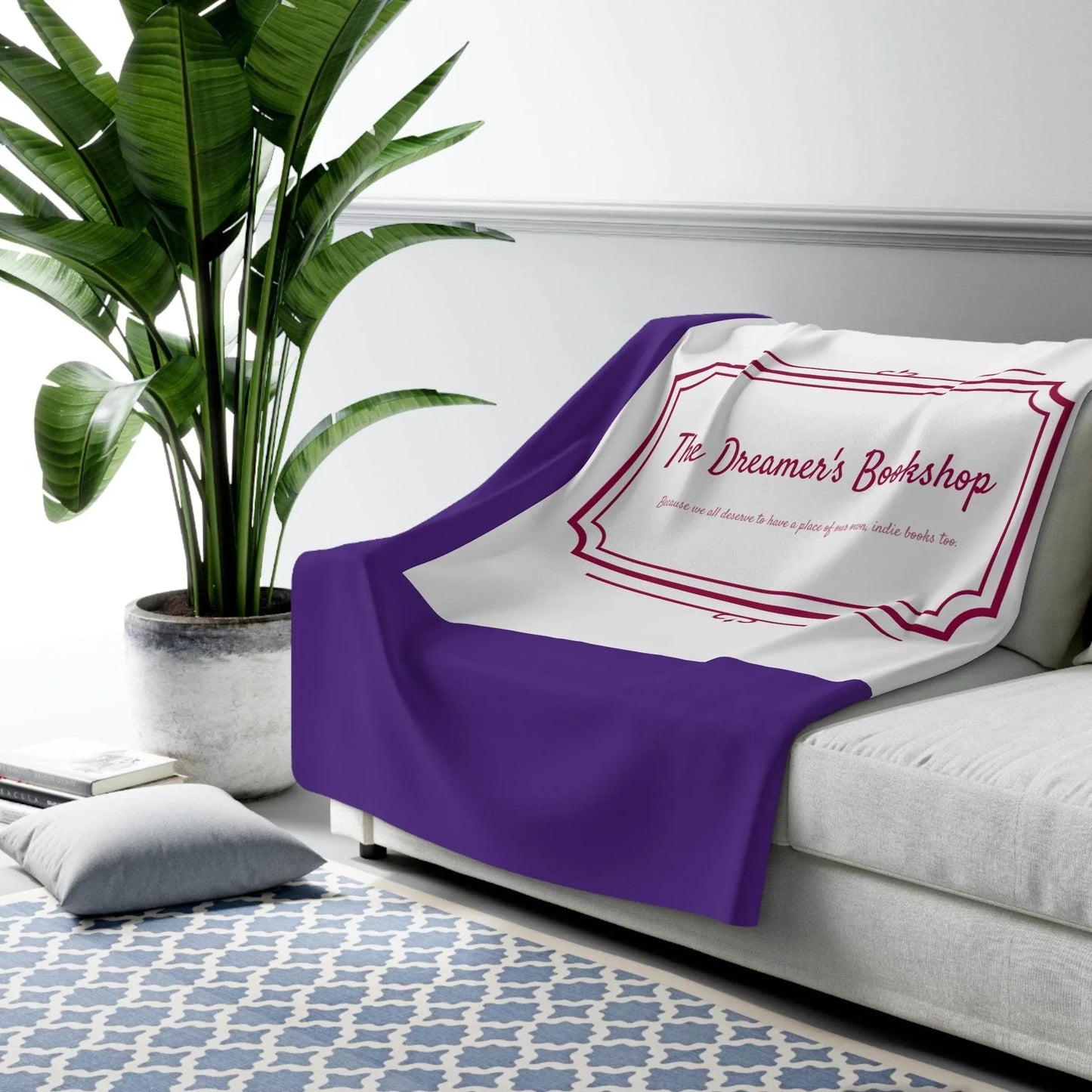 Purple Cozy Sherpa Fleece Blanket - 'The Dreamer's Bookshop' Design - The Dreamer's Bookshop.
