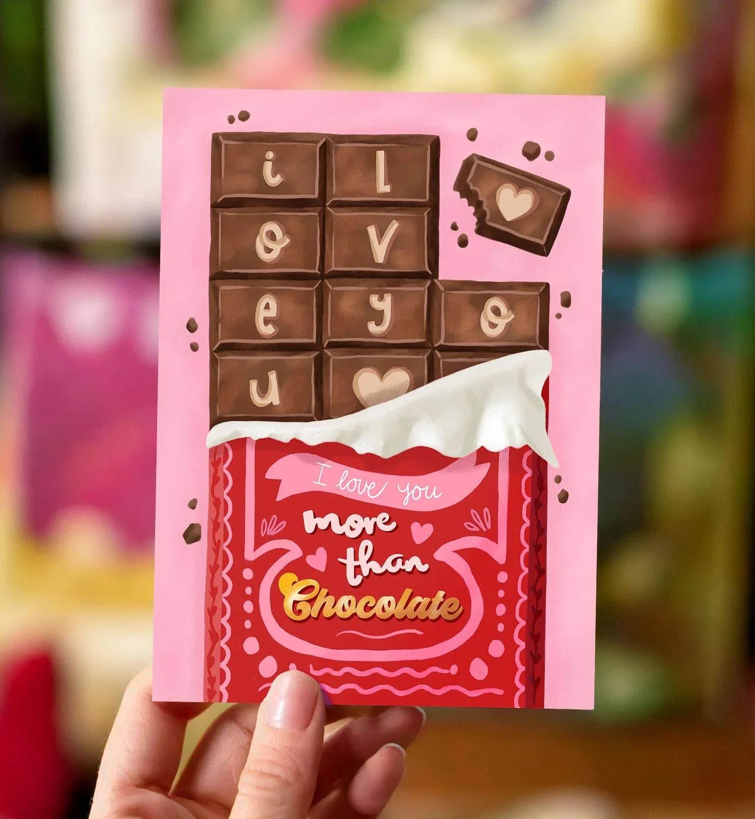 Aniet Illustration - Kaart valentijn I love you more than chocolate reep liefde - The Dreamer's Bookshop.