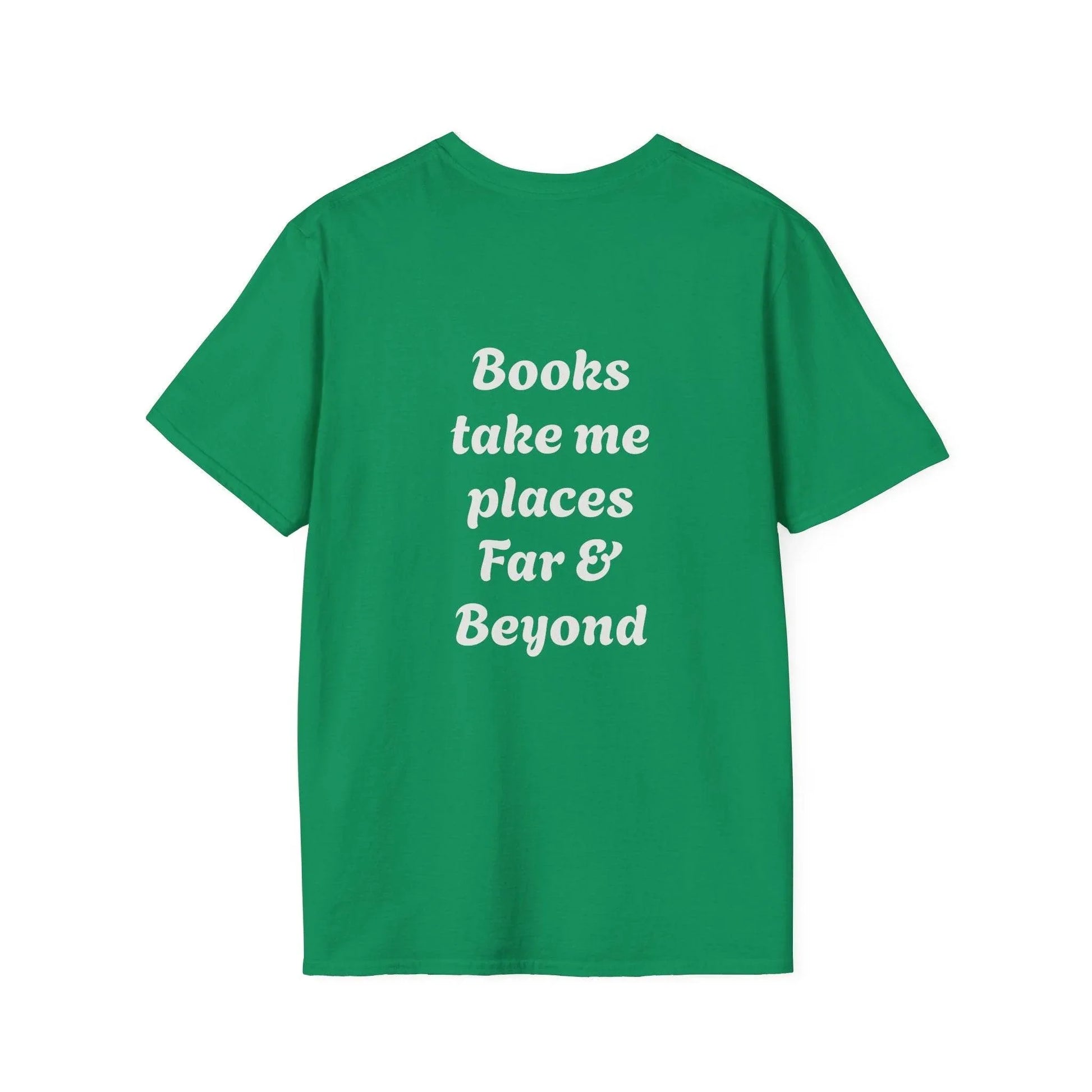 Unisex Softstyle T-Shirt - 'I'm a Traveller of Worlds' & 'Books Take Me Places Far & Beyond' - The Dreamer's Bookshop.