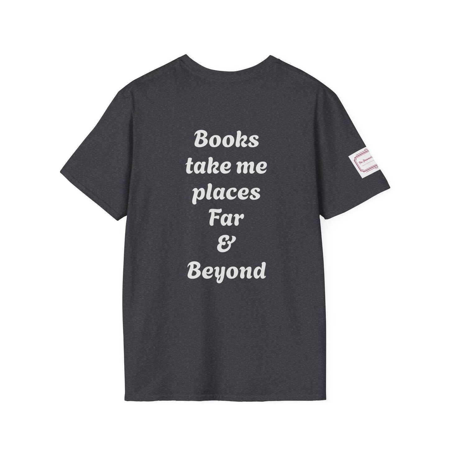 Unisex Softstyle T-Shirt - Traveller of Worlds Design for Book Lovers - The Dreamer's Bookshop.