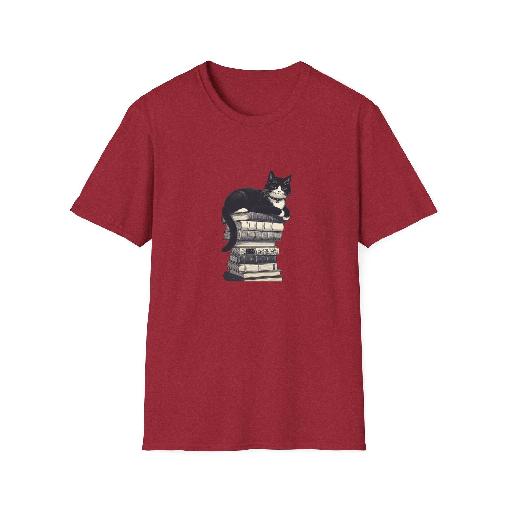 Unisex Softstyle T-Shirt - Vintage Cat Book Stack Booklover - The Dreamer's Bookshop.