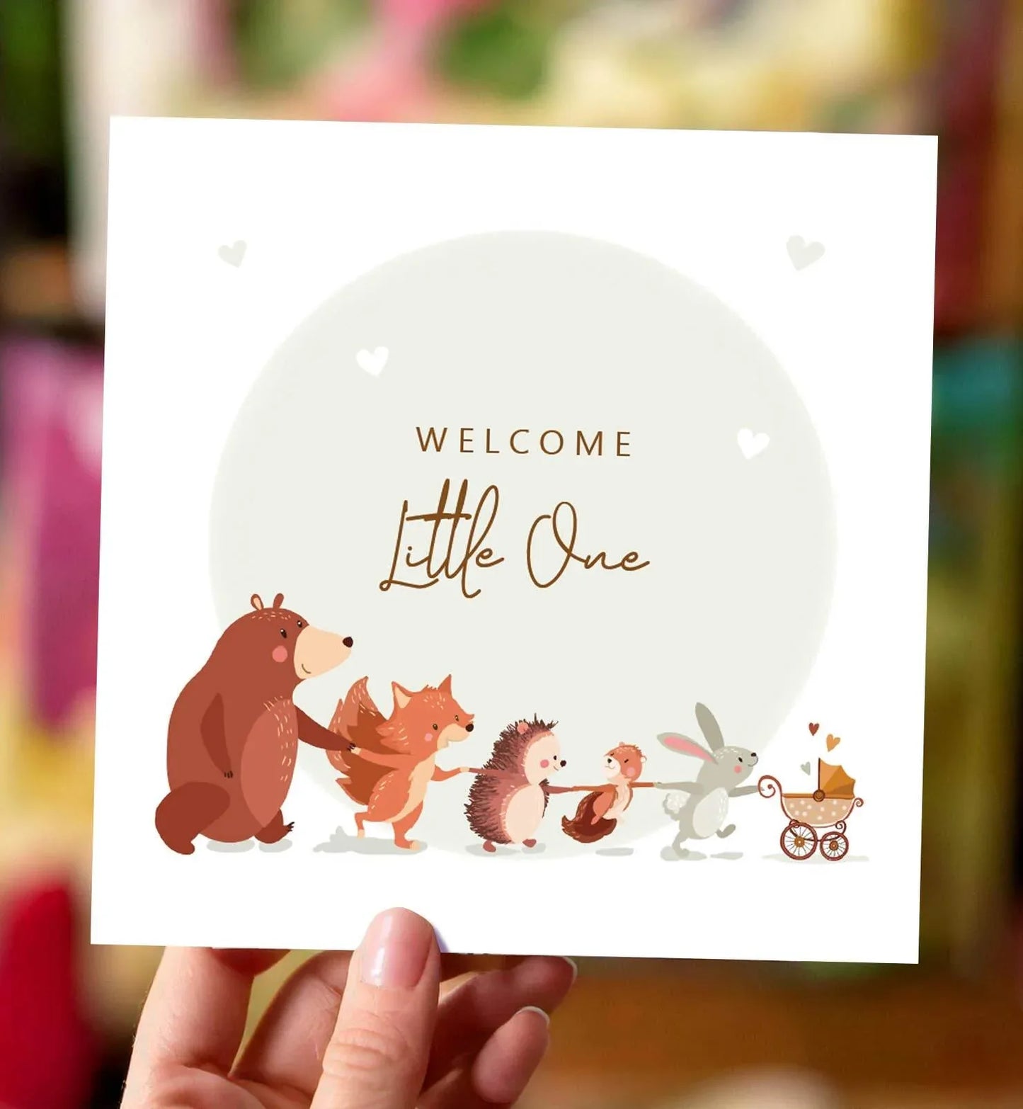 Aniet Illustration - Kaart felicitatie geboorte bosdieren kinderwagen neutraal - The Dreamer's Bookshop.