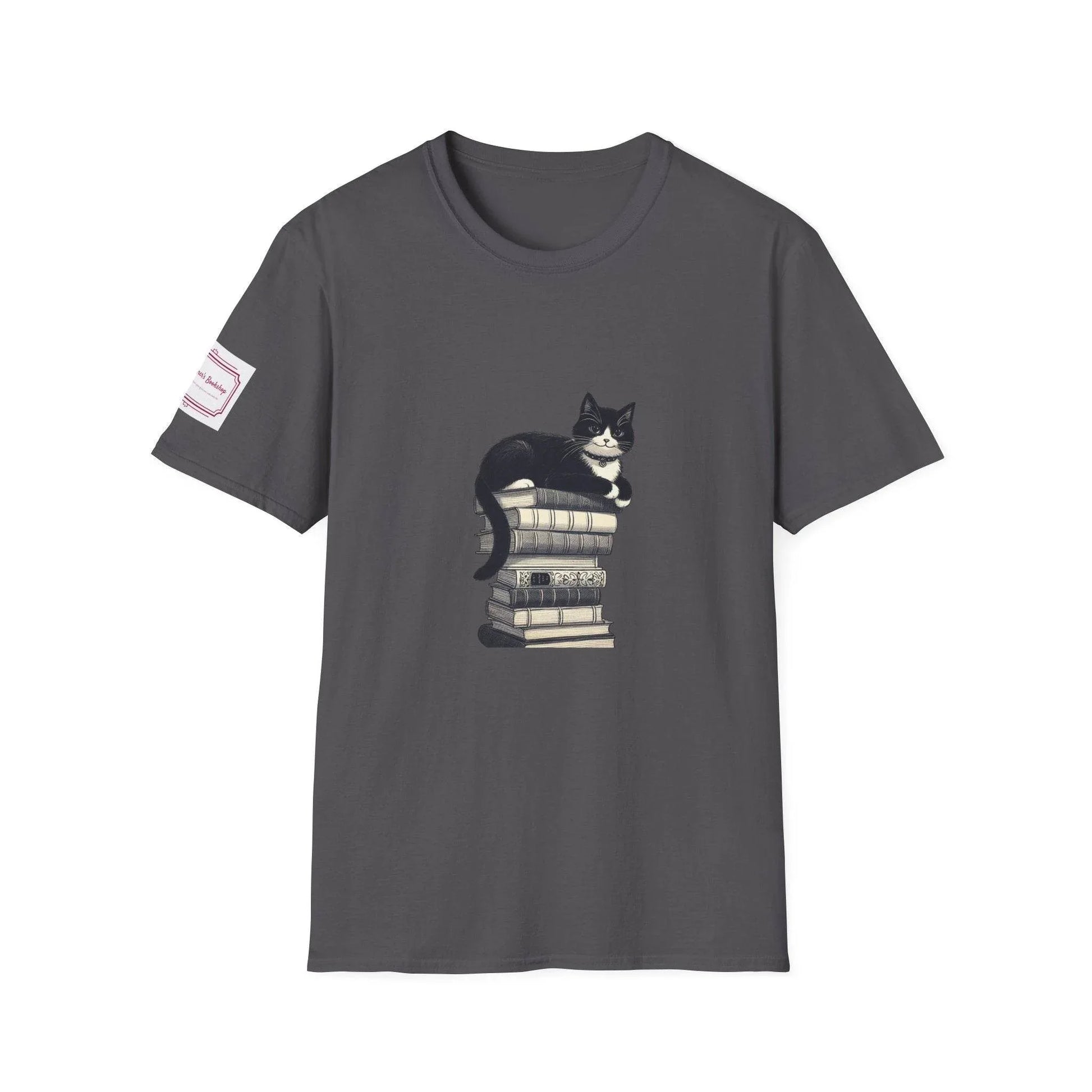 Unisex Softstyle T-Shirt - Vintage Cat Book Stack Bookaddict - The Dreamer's Bookshop.
