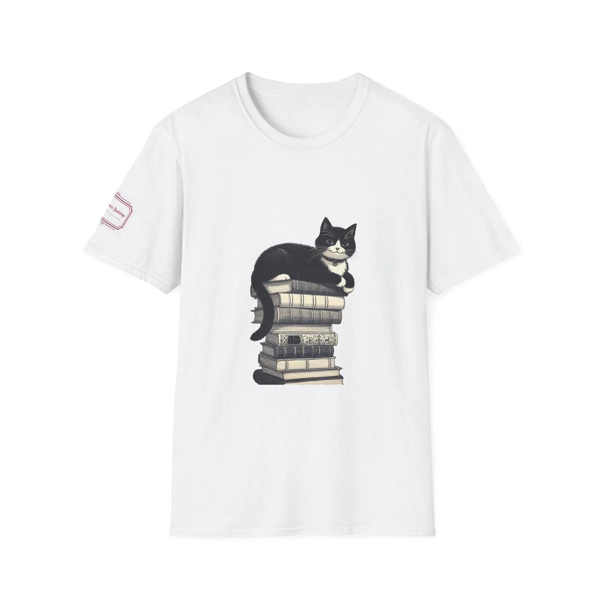 Unisex T-Shirt - Vintage Cat Book Stack for Book Lovers - The Dreamer's Bookshop.