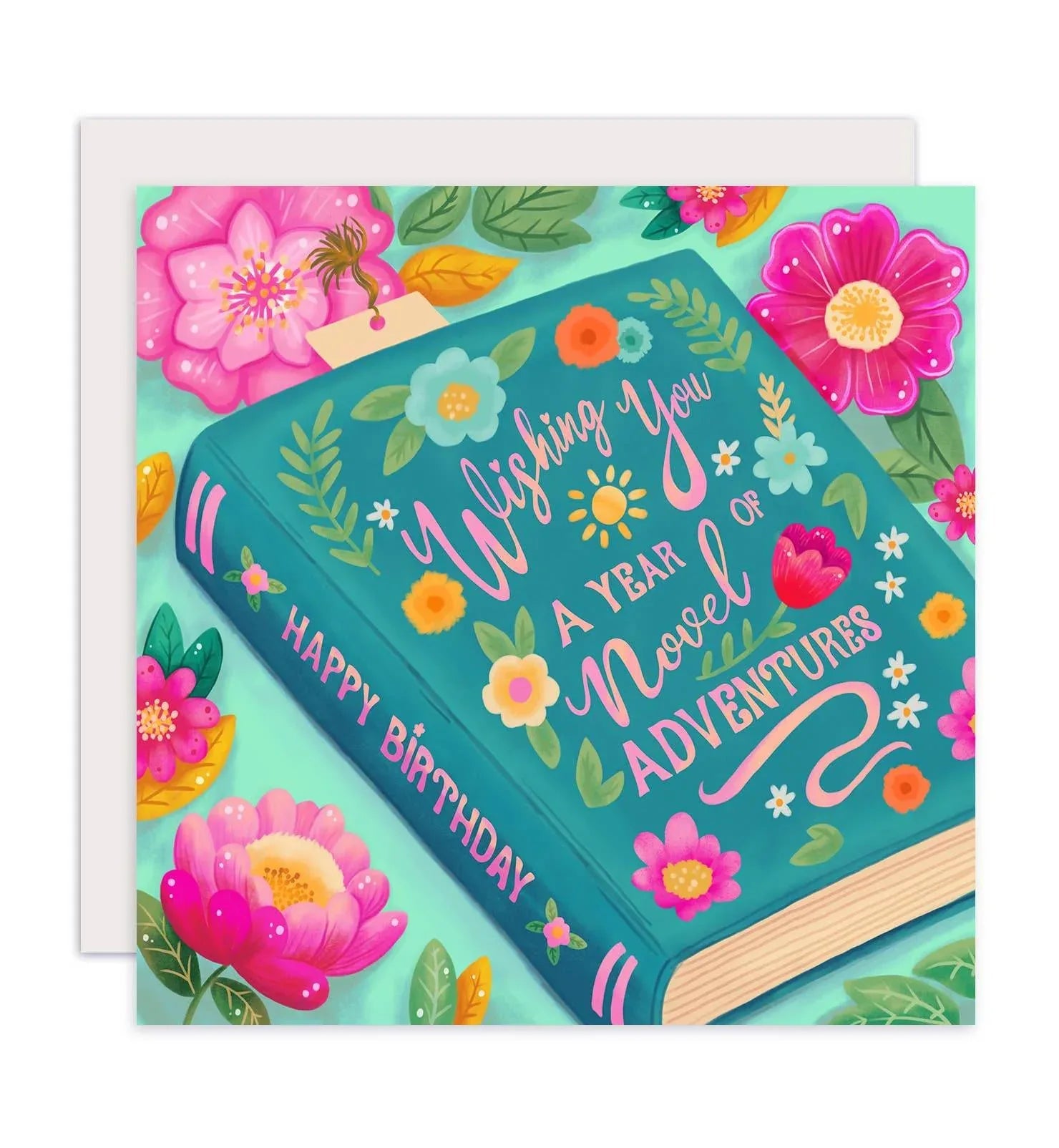 Aniet Illustration - Kaart felicitatie verjaardag boek blauw met bloemen vrolijk - The Dreamer's Bookshop.