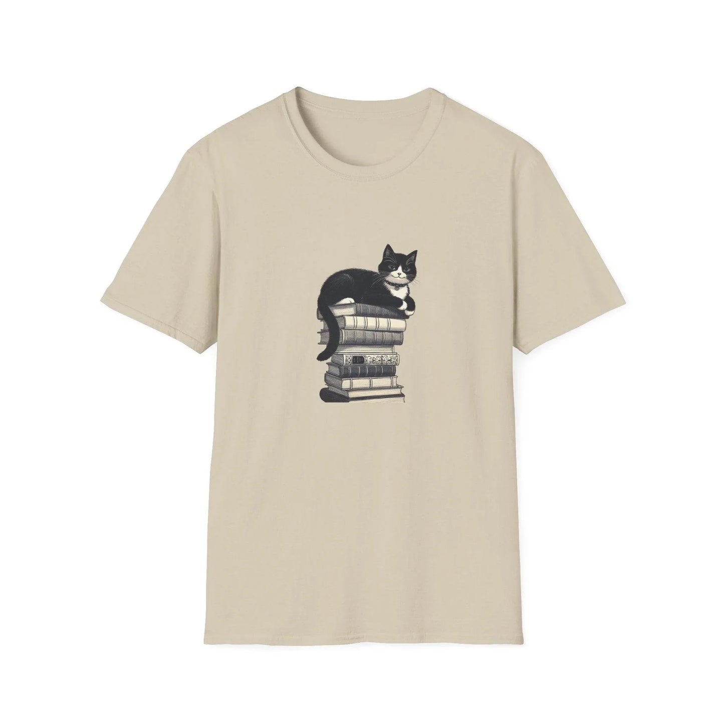 Unisex Softstyle T-Shirt - Vintage Cat Book Stack Booklover - The Dreamer's Bookshop.