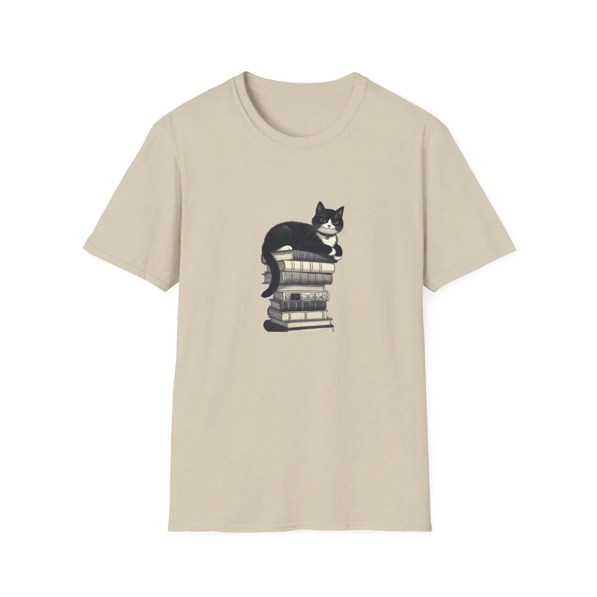 Unisex Softstyle T-Shirt - Vintage Cat Book Stack Booklover - The Dreamer's Bookshop.