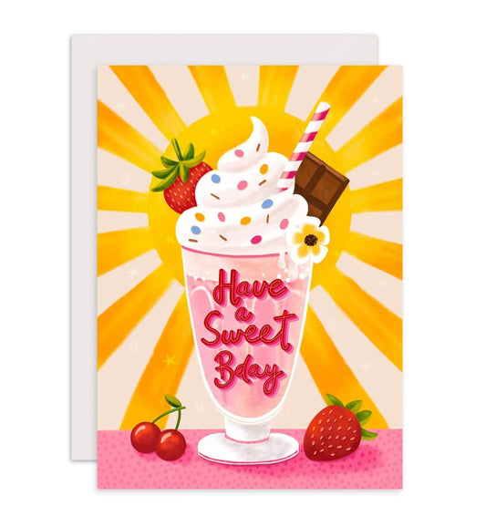 Aniet Illustration - Kaart verjaardag milkshake roze met zon sweet birthday - The Dreamer's Bookshop.