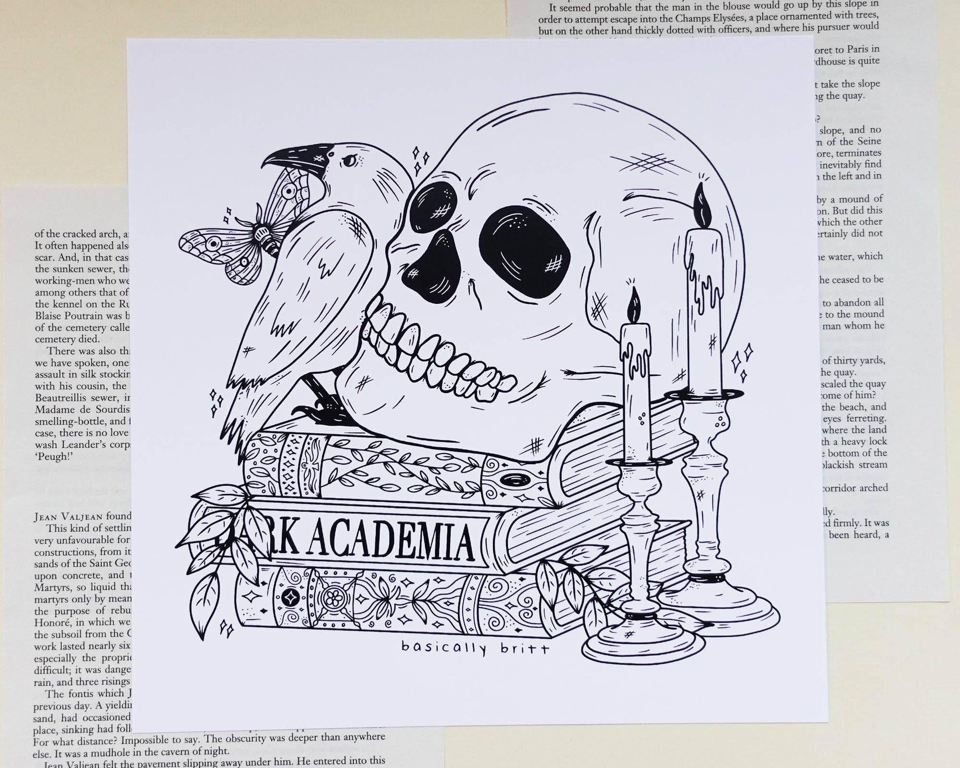 Basically Britt - Dark Academia Print with a skull on a stack of books - The Dreamer's Bookshop.