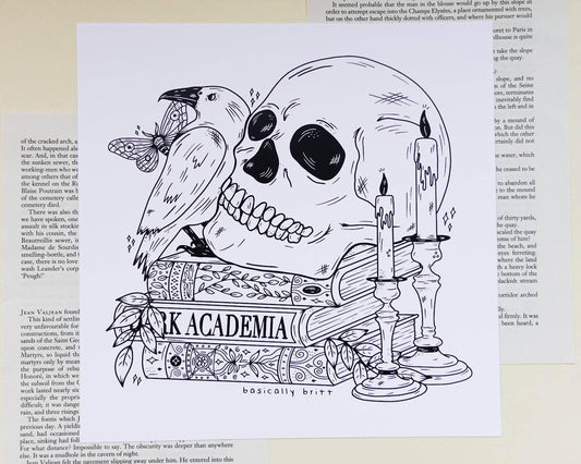 Basically Britt - Dark Academia Print with a skull on a stack of books - The Dreamer's Bookshop.
