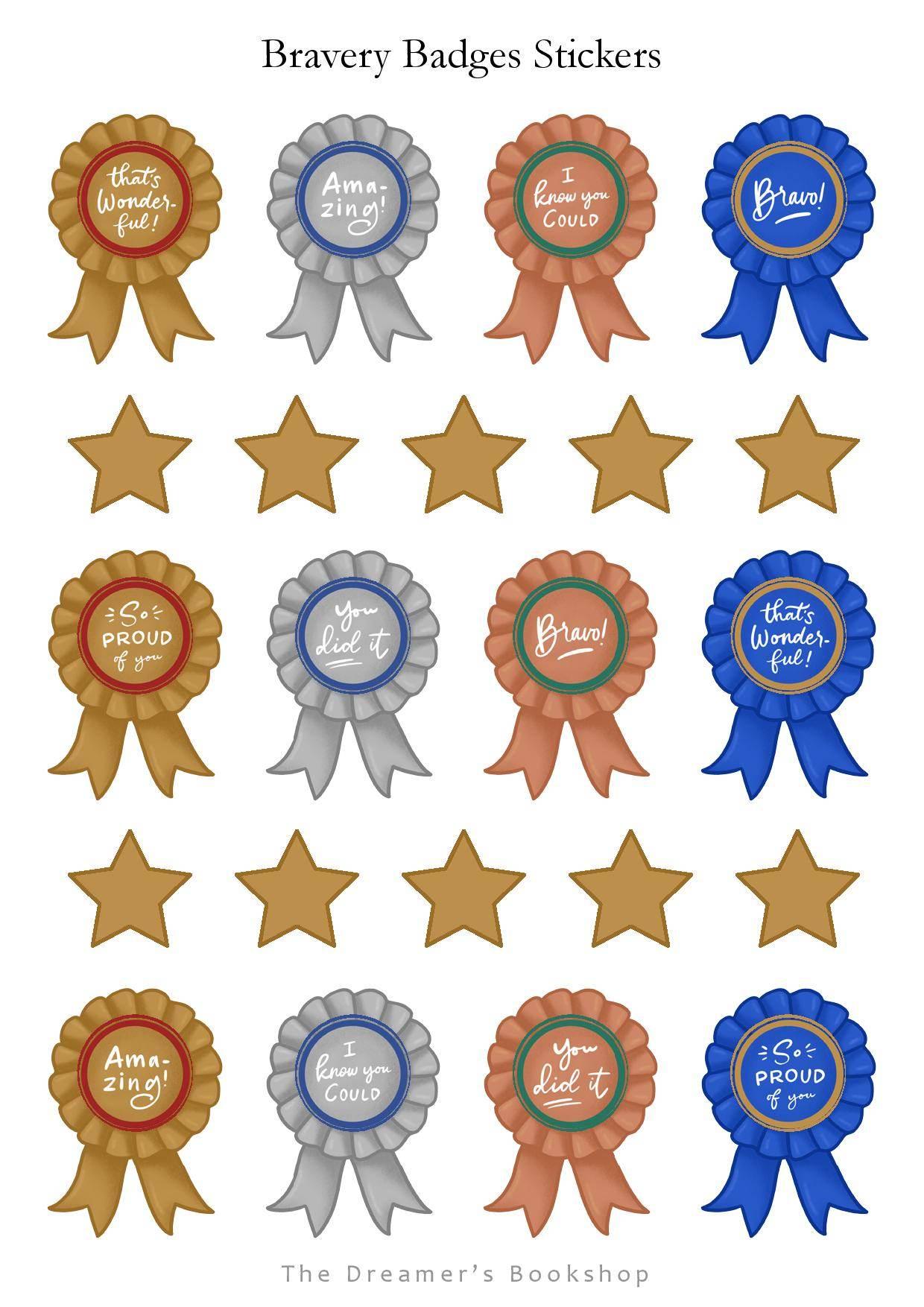 The Dreamer's Bookshop Bravery Badges - Sticker Sheet A6 - The Dreamer's Bookshop.