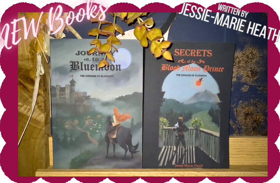Two book covers: Journey to Bluemoon; Secrets of the Blood Moon Prince.
