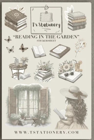 T's Stationery - Reading in the Garden - Sticker Sheet - The Dreamer's Bookshop.