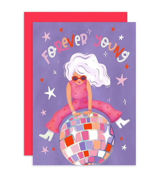 Aniet Illustration - Kaart verjaardag felicitatie vrouw discobal forever young - The Dreamer's Bookshop.