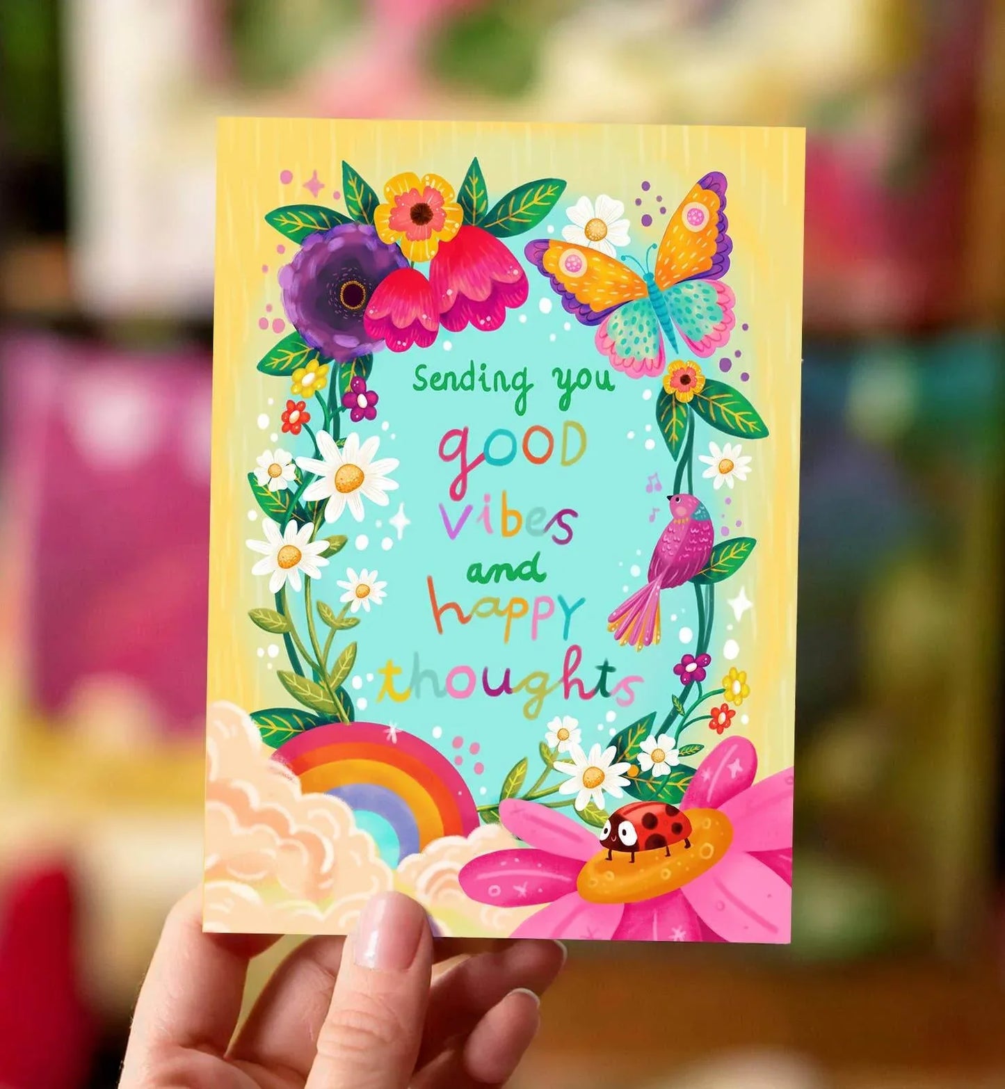 Aniet Illustration - Kaart good vibes vlinder bloemen kleurrijk motivatie - The Dreamer's Bookshop.