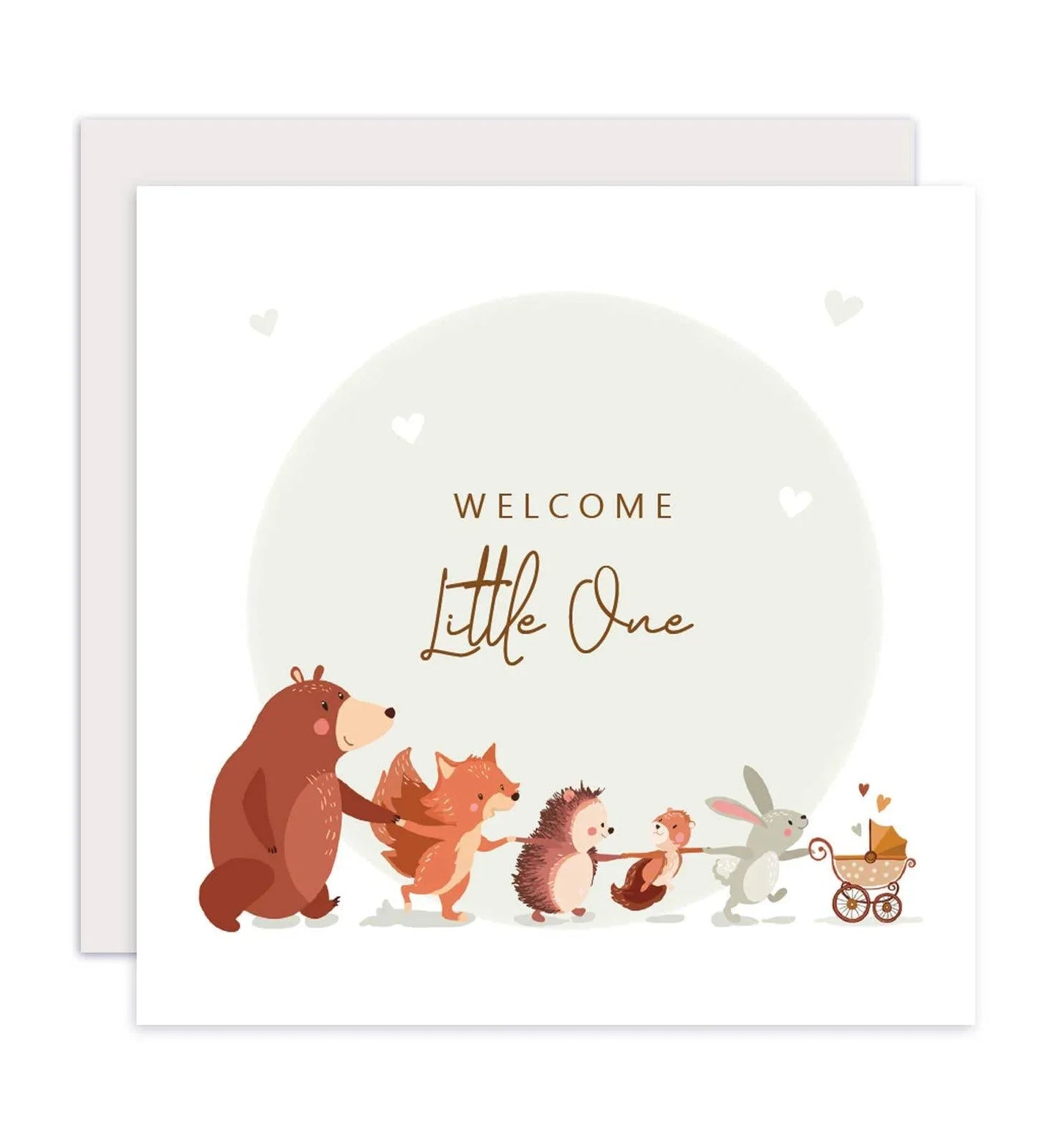 Aniet Illustration - Kaart felicitatie geboorte bosdieren kinderwagen neutraal - The Dreamer's Bookshop.