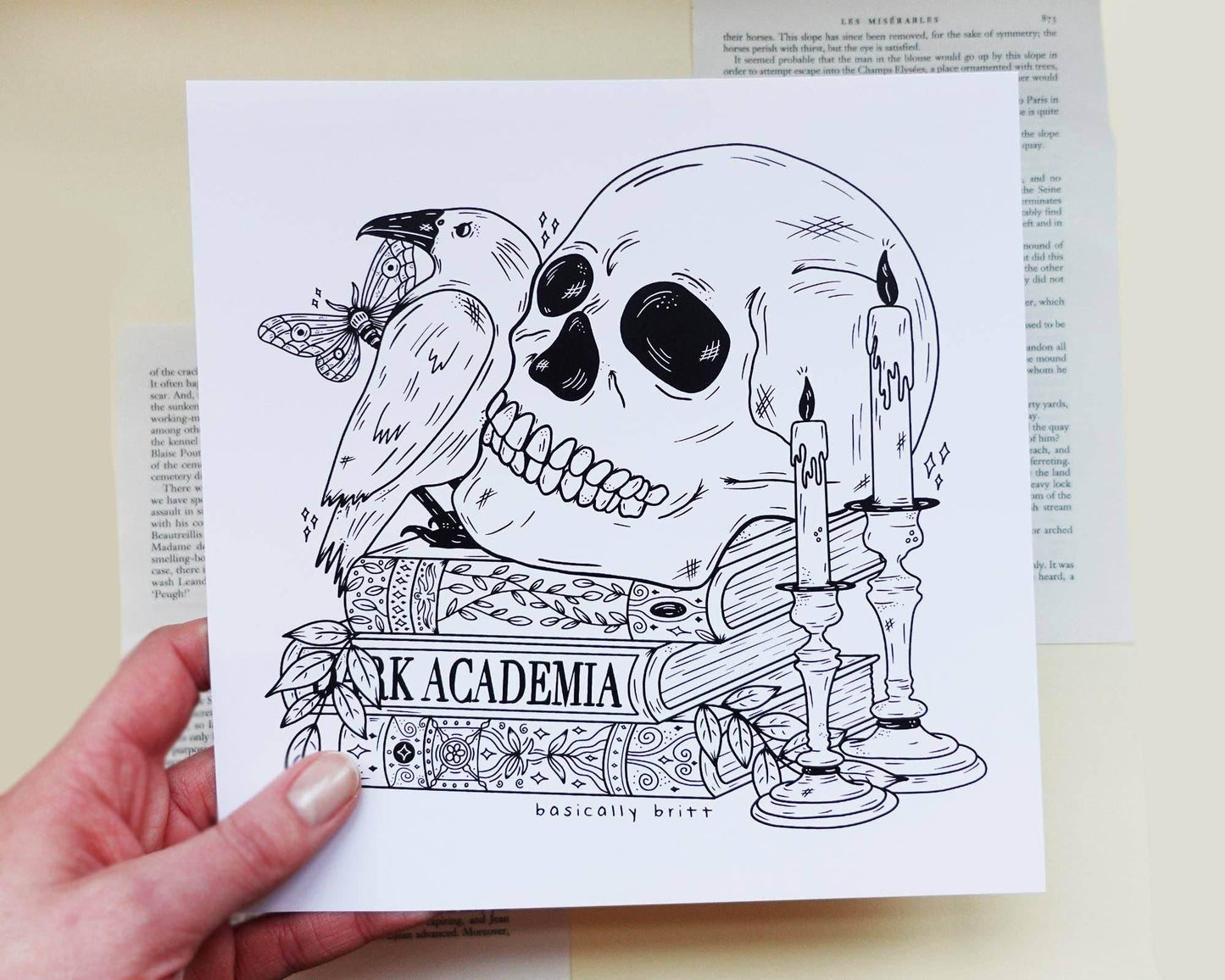 Basically Britt - Dark Academia Print with a skull on a stack of books - The Dreamer's Bookshop.
