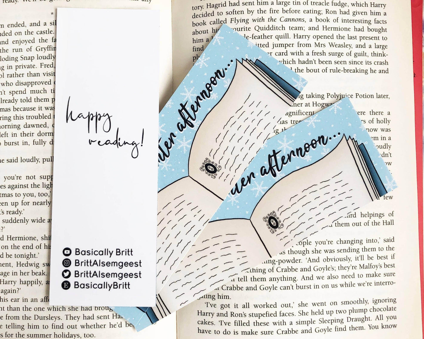 Basically Britt - Blue Winter Bookmark with Snowflakes and Books - The Dreamer's Bookshop.