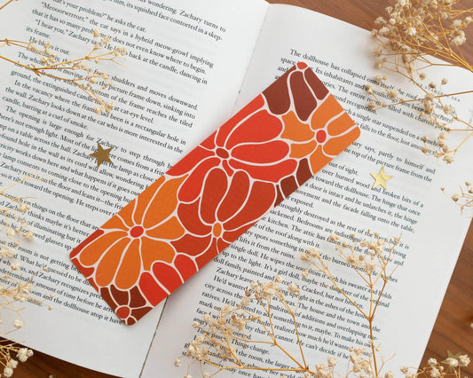 Basically Britt - Bookmark - Groovy Retro Orange Flowers - The Dreamer's Bookshop.