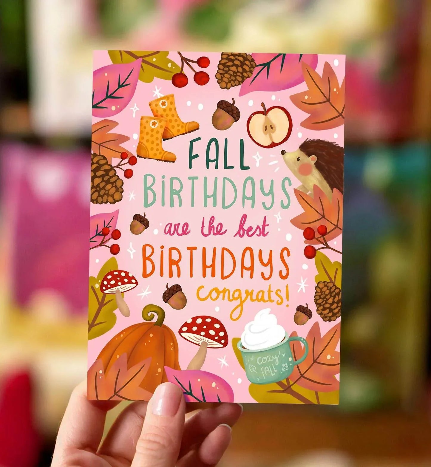 Aniet Illustration - Kaart verjaardag felicitatie herfst blaadjes egel paddestoel - The Dreamer's Bookshop.
