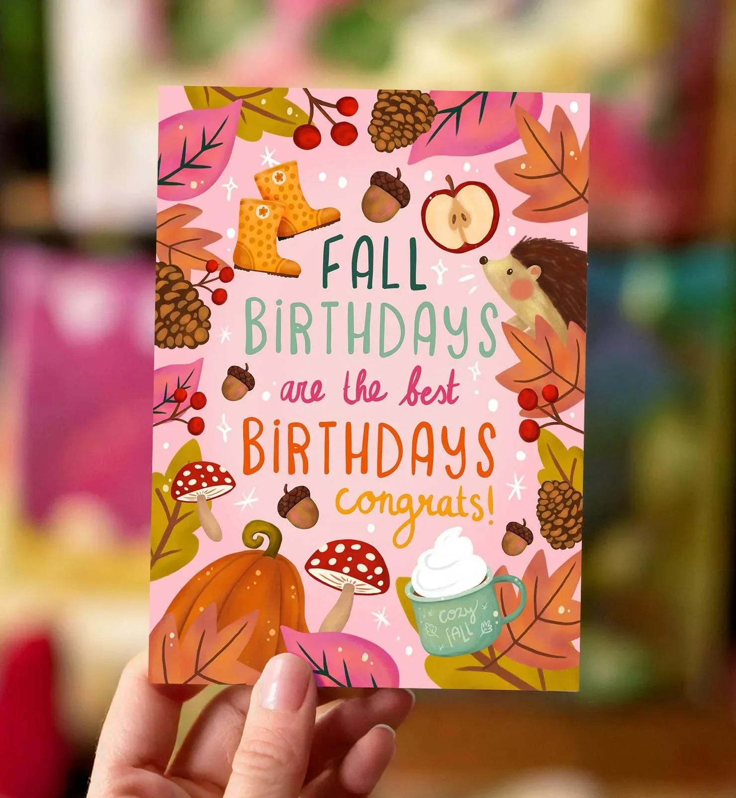 Aniet Illustration - Kaart verjaardag felicitatie herfst blaadjes egel paddestoel - The Dreamer's Bookshop.
